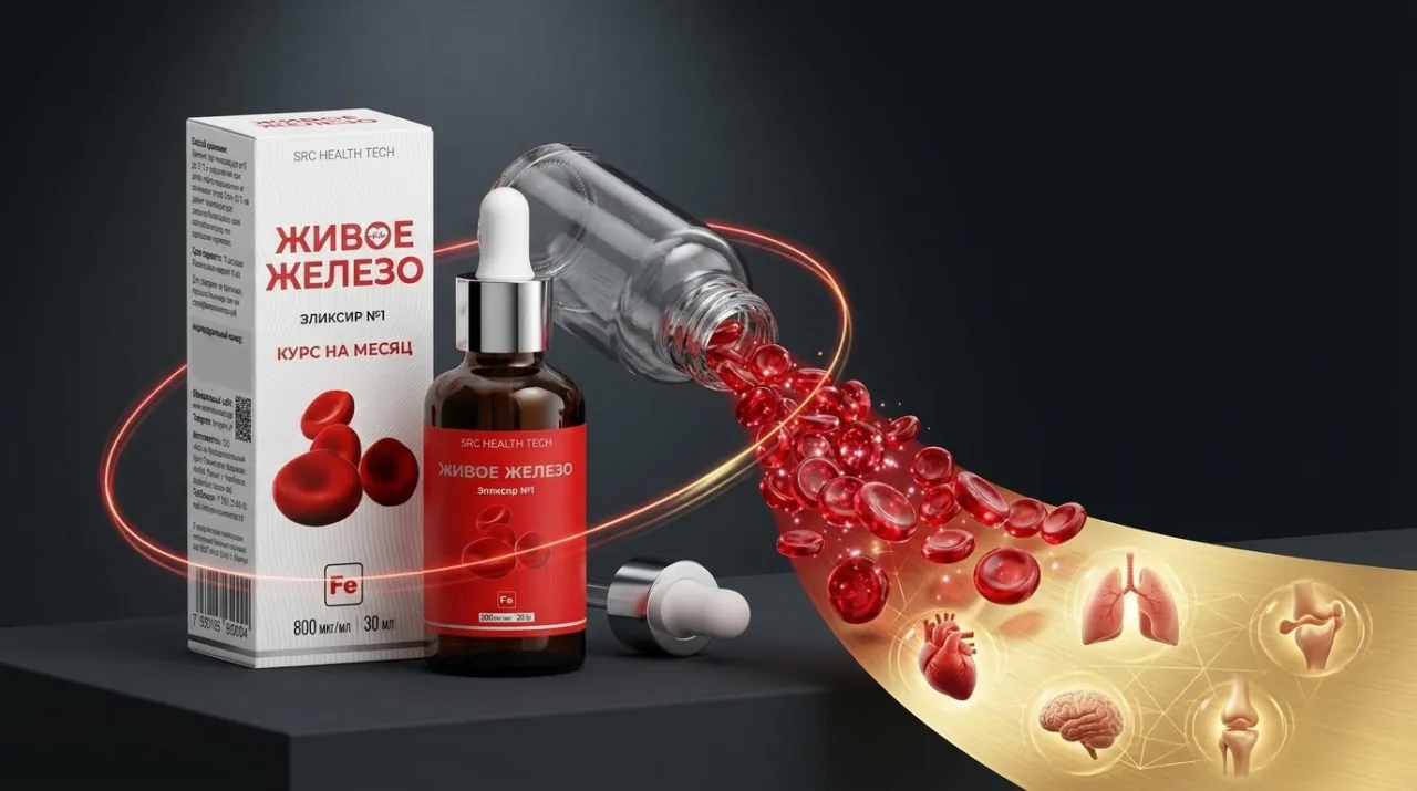 Флакон и коробка «Живое Железо», из флакона по дуге устремляется поток эритроцитов к голографическим органам-целям